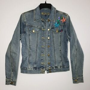 NWOT Vintage YUKA JEANS Embroidered Floral Denim Jacket Women's S/M  Blue Beads